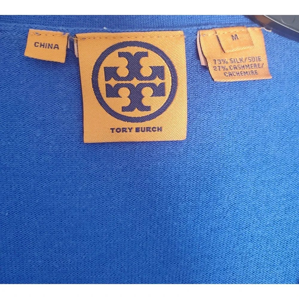 Tory Burch Sweater Womens M Blue Silk Cashmere V Neck Button Up Cropped Cardigan